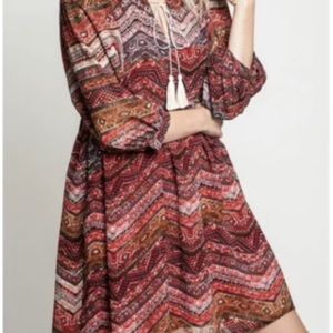 Umgee Babydoll Cranberry Red Southwestern Babydoll Dress Tassels Lined Boho